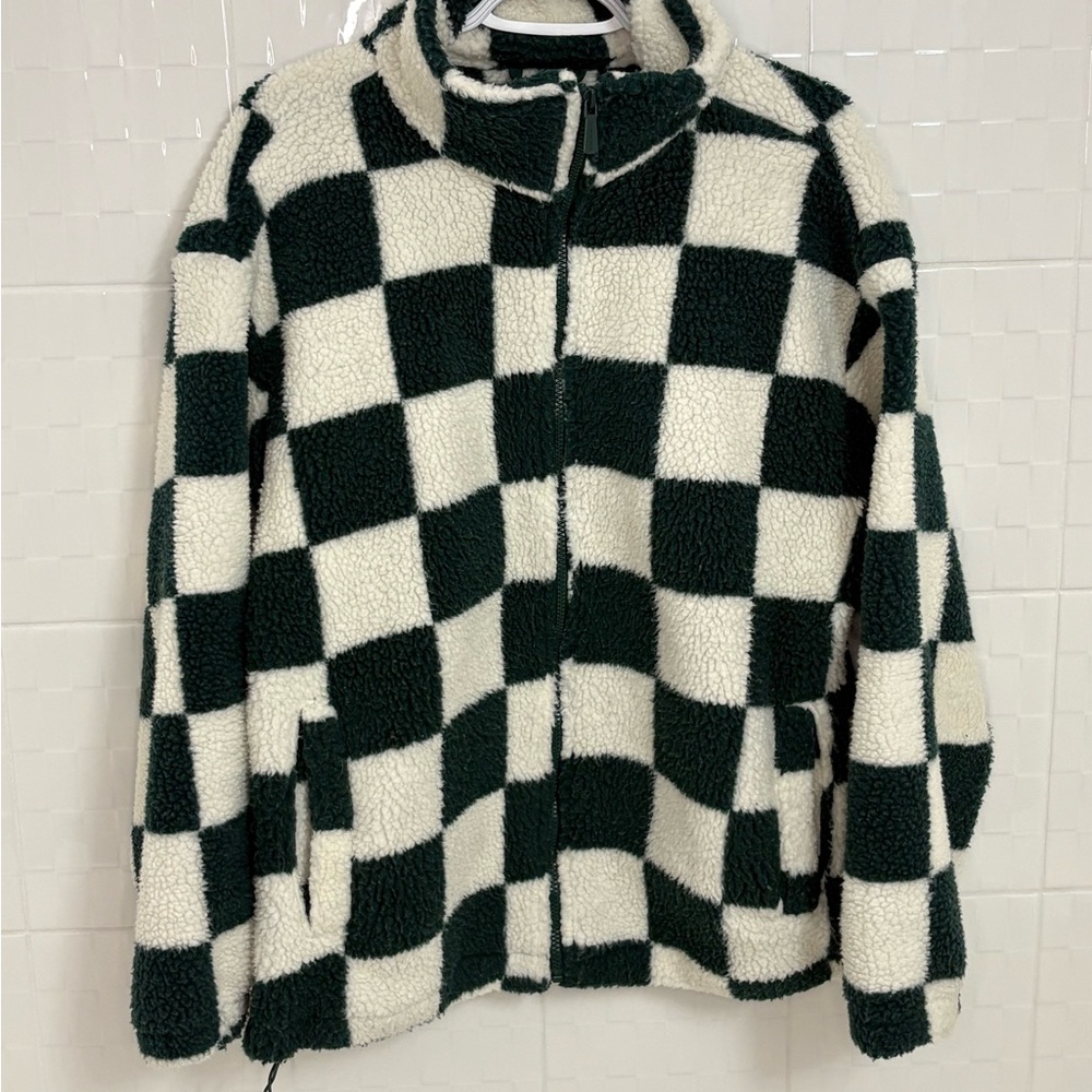 Women’s Silver Jeans Checkerboard Sherpa Zip Jacket - Green & Cream - sz XL